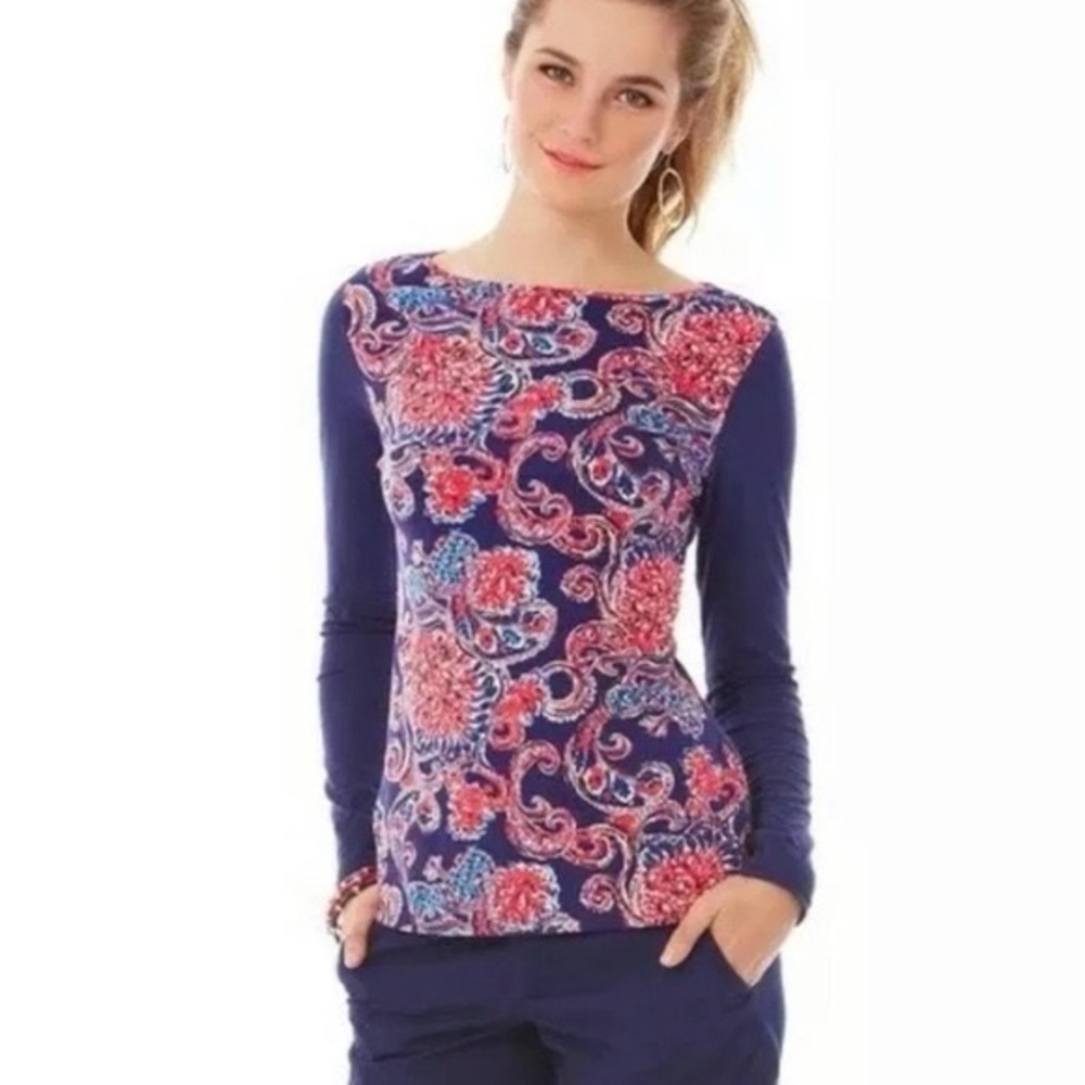 Lilly Pulitzer Halibut Bailey navy colorful cotton long sleeve tee size small